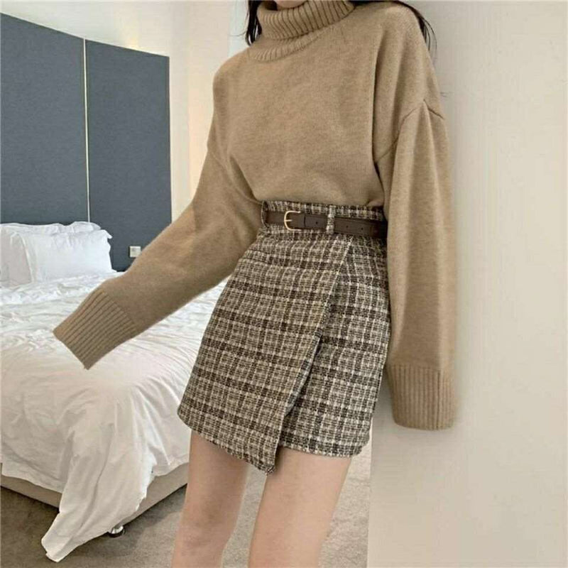 A-line Woolen Plaid Skirt - WOMONA.COM
