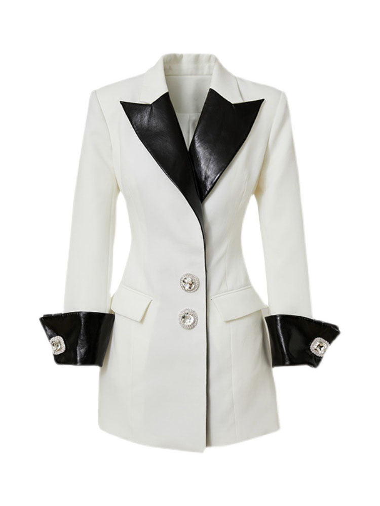 Contrast Leather Blazer Collar Diamond Jacket - WOMONA.COM