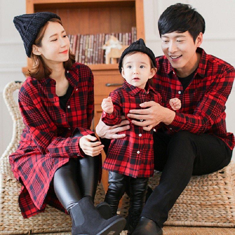 Mother and child red plaid shirt parent-child outfit - WOMONA.COM