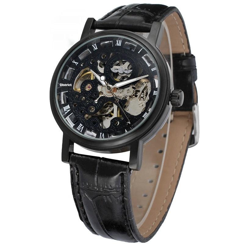 Transparent dial mechanical skeleton watch with black leather strap and Roman numerals