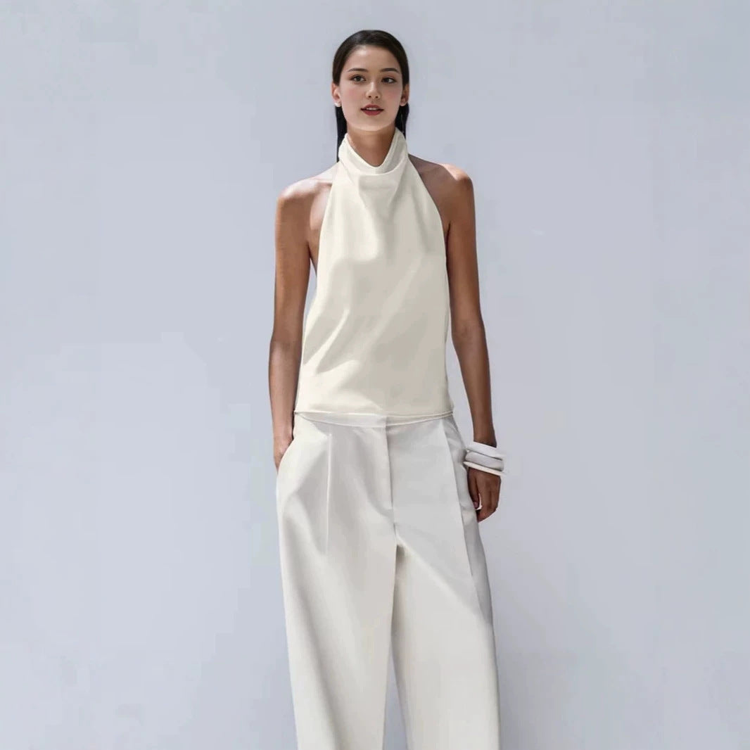White halter-neck sleeveless slim-fit vest top with draped cowl neckline