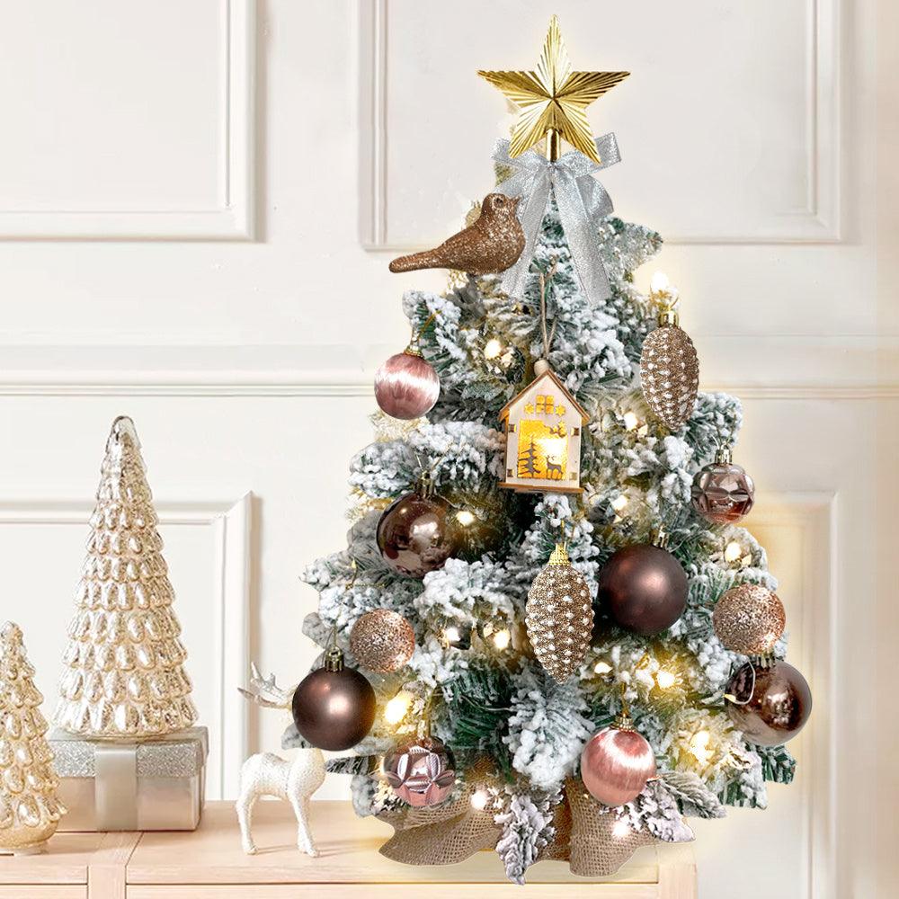 2ft flocked mini Christmas tree with warm white lights, bauble ornaments, and gold star topper