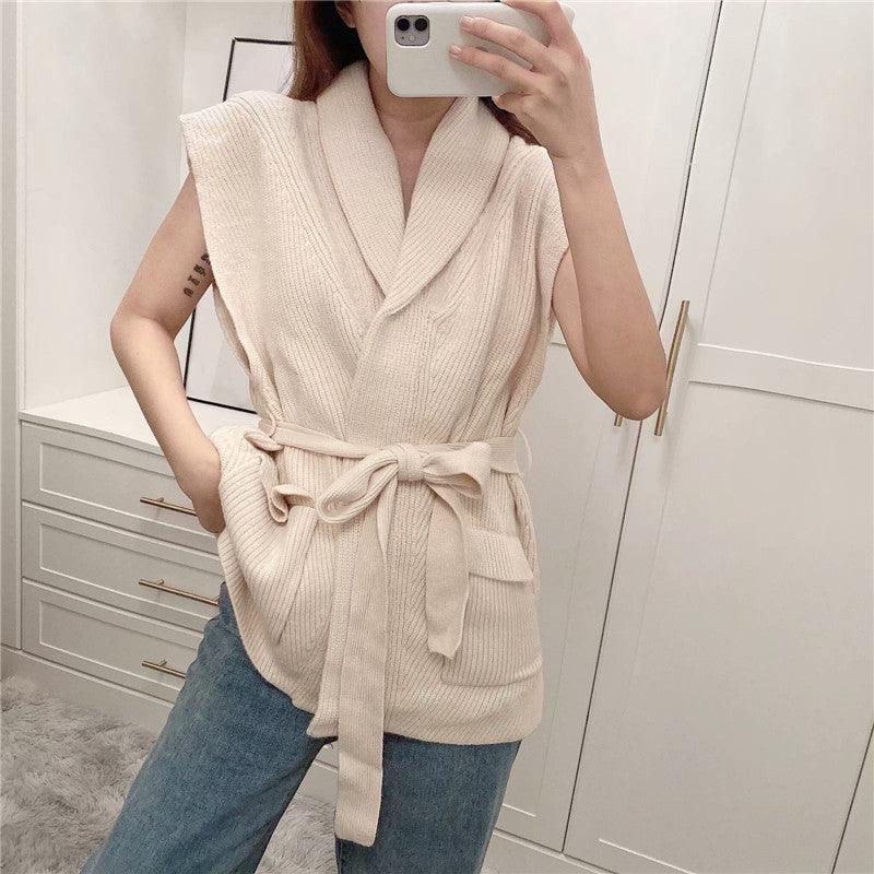 Versatile solid color knitted waistband vest - WOMONA.COM
