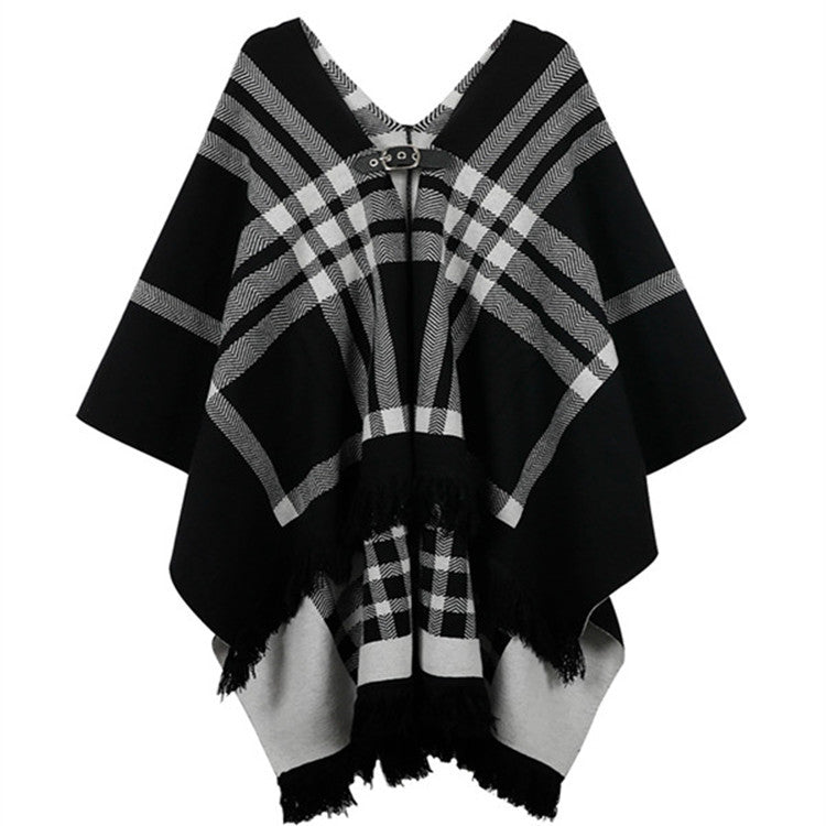 Wear A Cape Jacket And A Woolen Knitted Square Scarf - WOMONA.COM