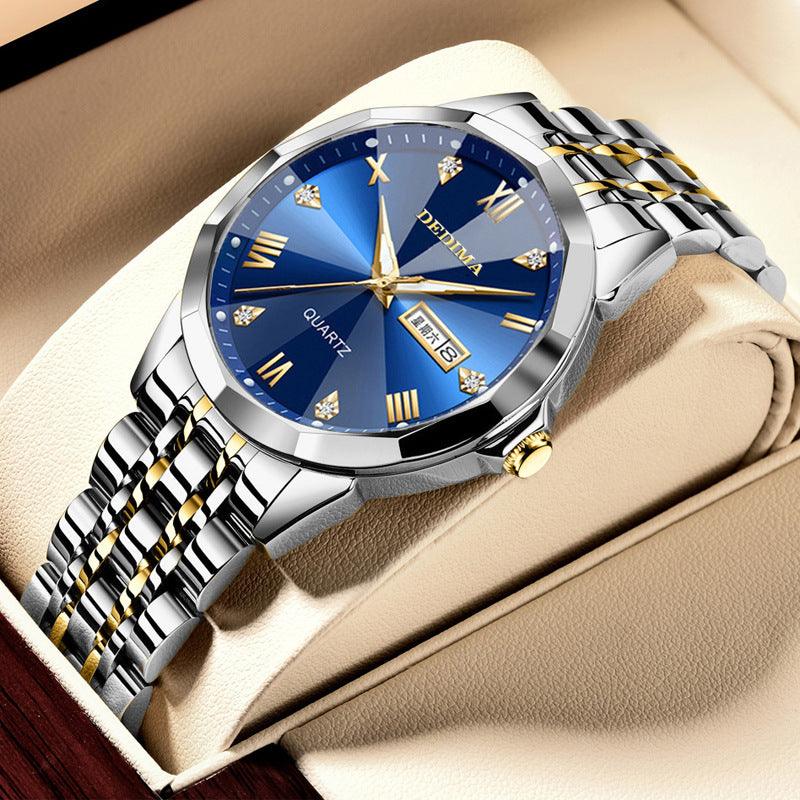 Stainless steel luxury watch with blue dial and two-tone metal bracelet