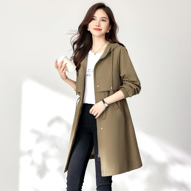 Women’s hooded windbreaker coat in dark olive, mid-length, drawstring waist, front pockets