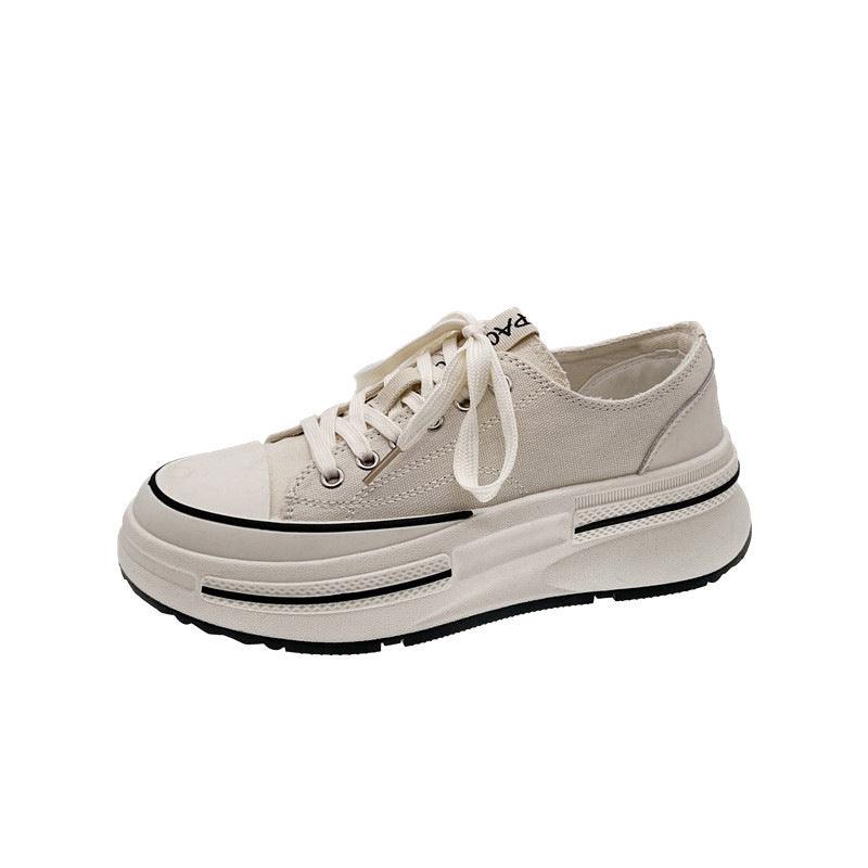 Beige canvas lace-up platform sports sneakers with thick white rubber sole
