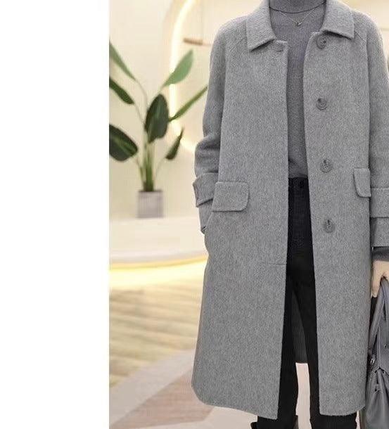 Gray women's wool coat, button front, flap pockets, long length, full sleeves