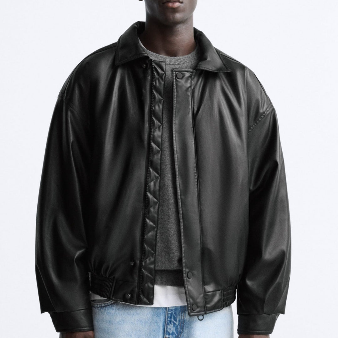 Men's Faux Leather Lapel Jacket, Black