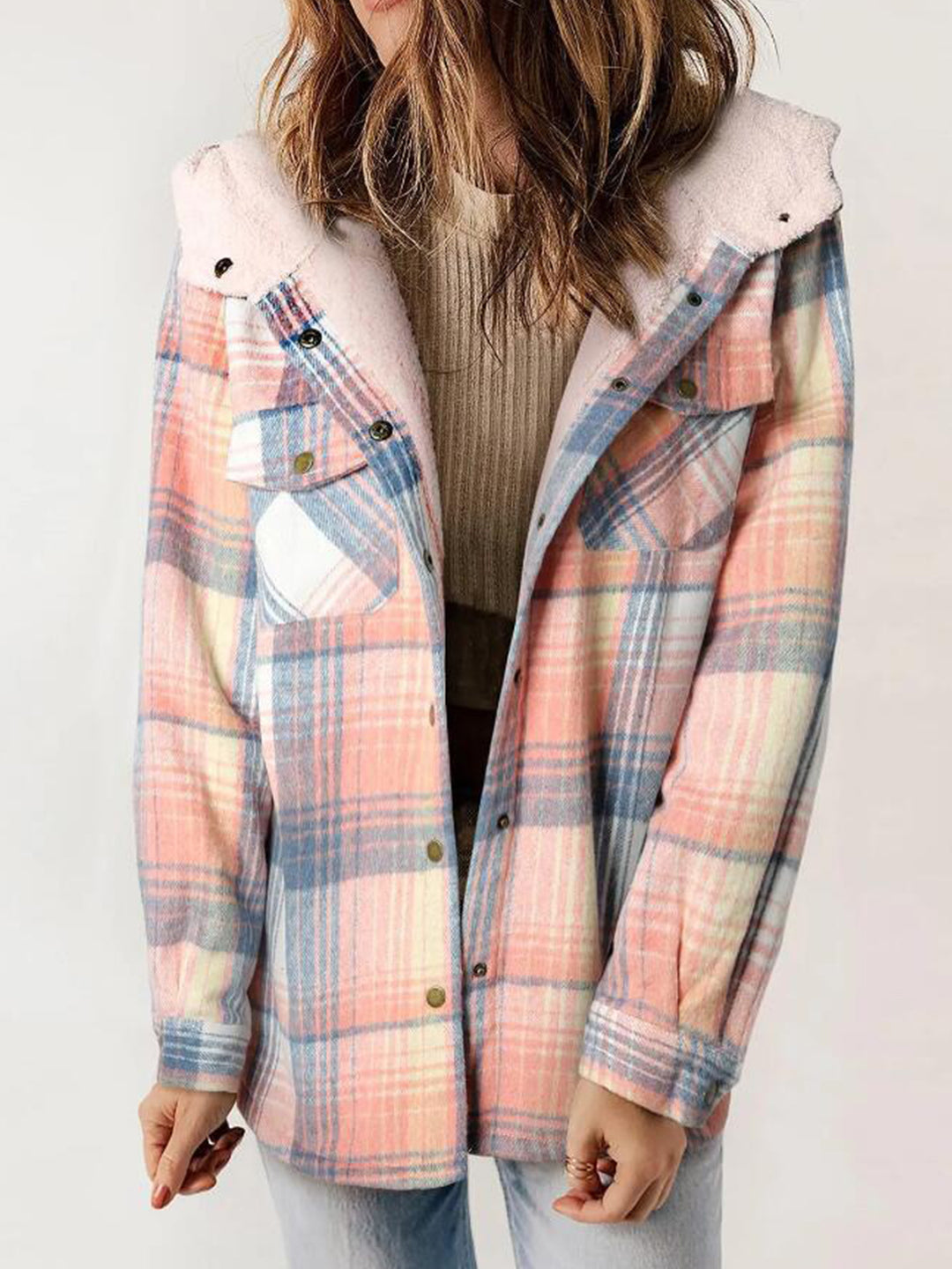 Women’s fleece-lined plaid hooded jacket in pink, button-front with chest pockets and hood