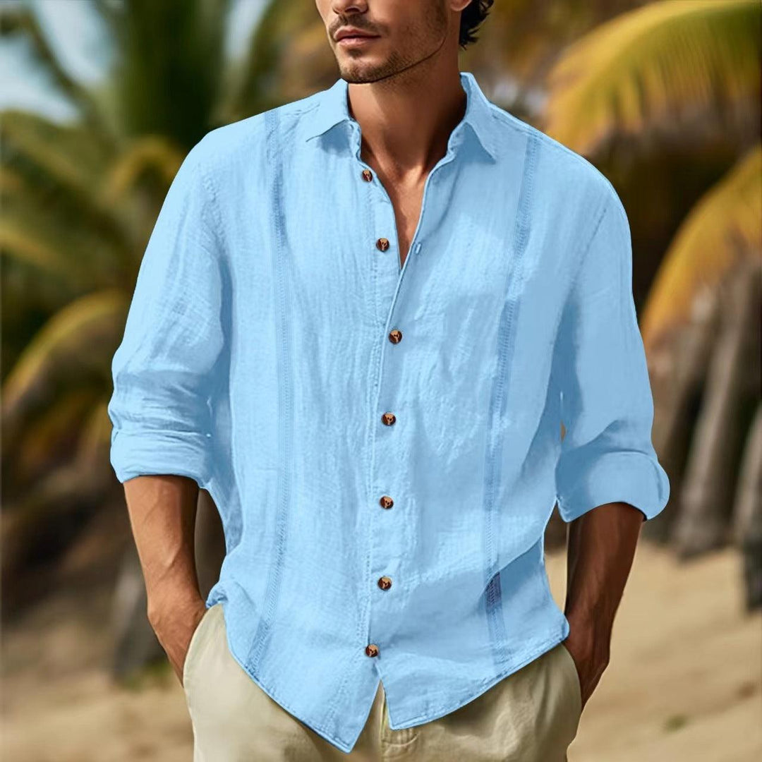 Men's long-sleeve button-up shirt, sky blue, open collar with button placket