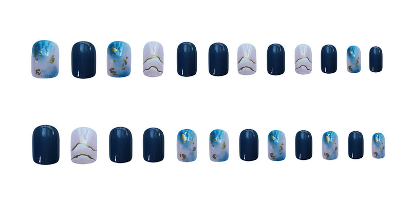 Sea Blue Smudged Fake Nail Stickers Wear Nails - WOMONA.COM