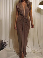 Deep V Pleated Sleeveless Maxi Dress - WOMONA.COM