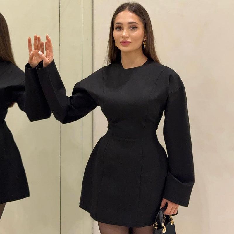 Black round-neck waist-trim zipper mini dress with long sleeves and flared skirt