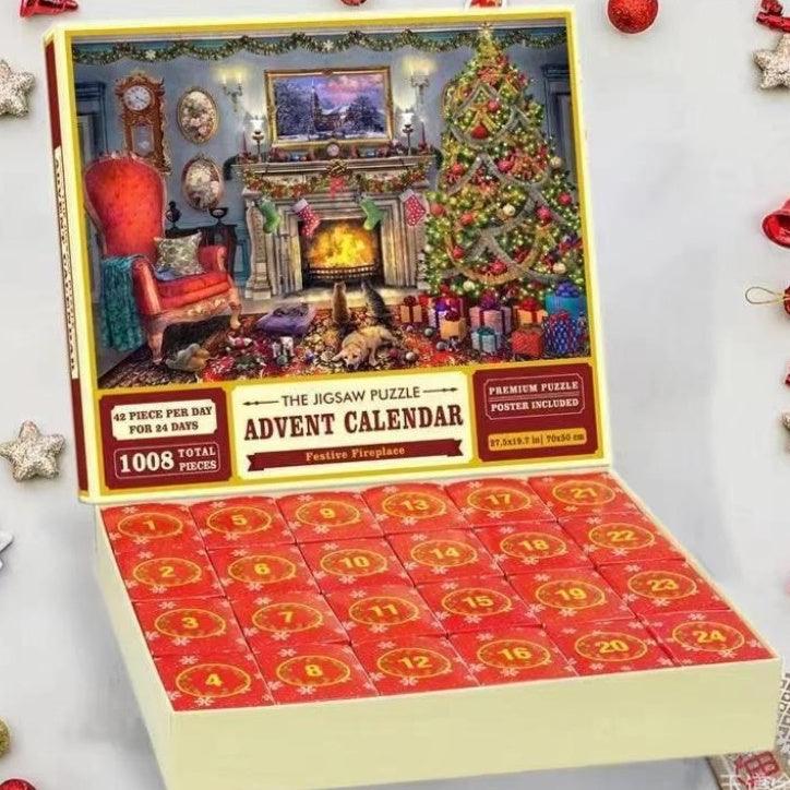 Christmas jigsaw advent calendar puzzle with red numbered compartments and open cover