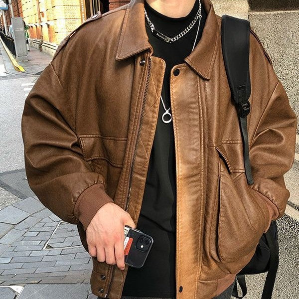 American Retro Biker's Brown Leather Coat - WOMONA.COM