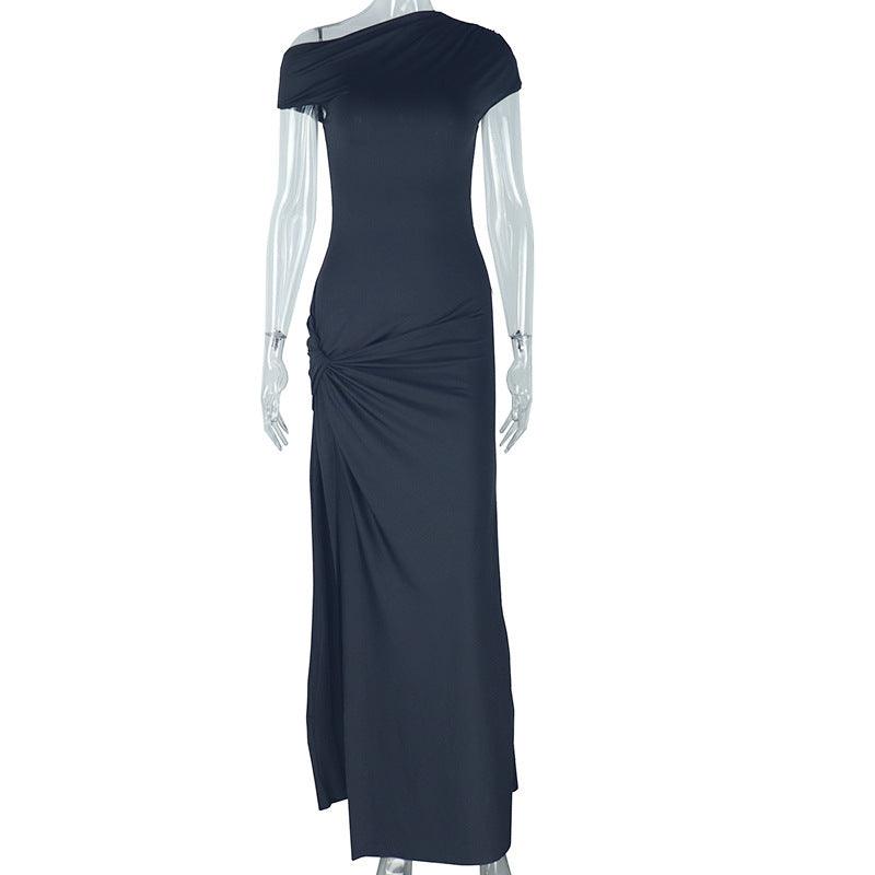 Dark navy fitted backless women’s dress with short sleeves and draped waist