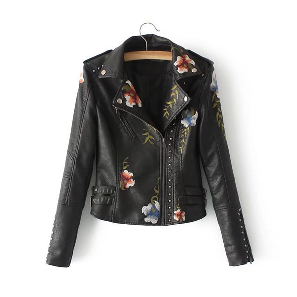 Fashion Rivet Flower Embroidered PU Leather Jacket - WOMONA.COM