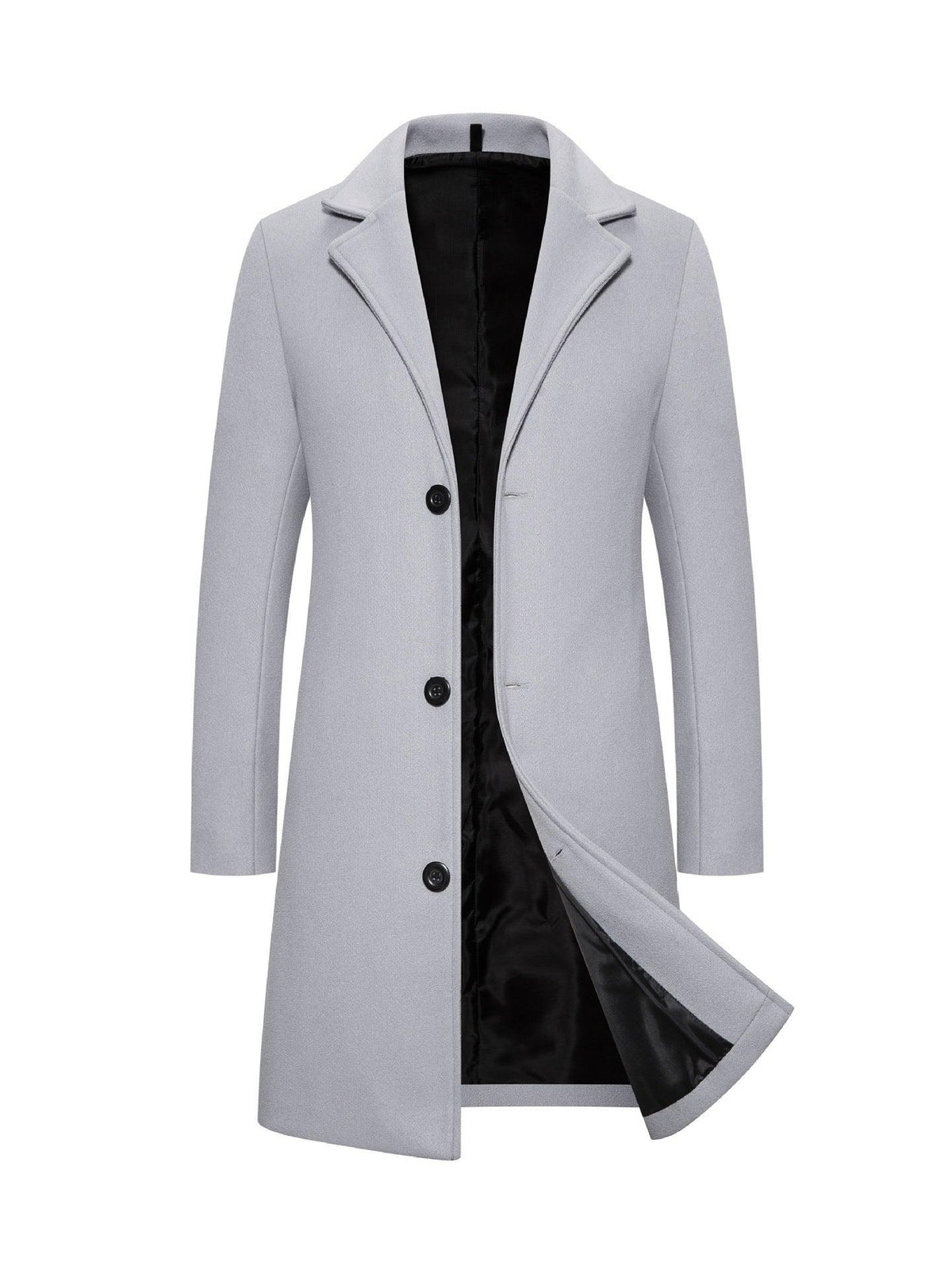 Men's mid-length slim-fit coat, light gray with notched lapels and button front