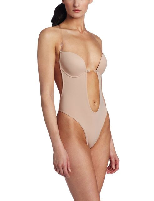 Beige backless body shaper bra with underwire cups and adjustable straps