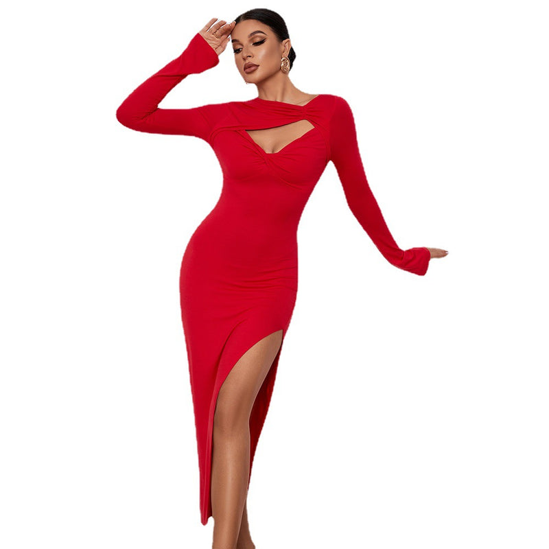 Skirt Sexy Slit Long Sleeve Dress - WOMONA.COM