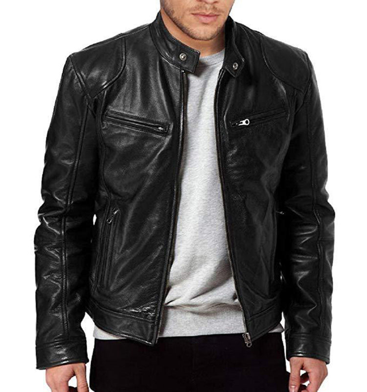 Pu Leather Collar Slim Leather Jacket - WOMONA.COM