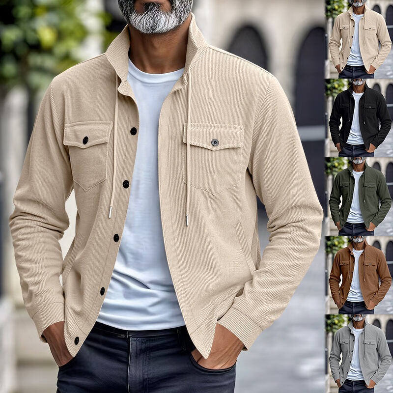 Men's apricot stand-up collar jacket, button front, flap chest pockets, long sleeves.