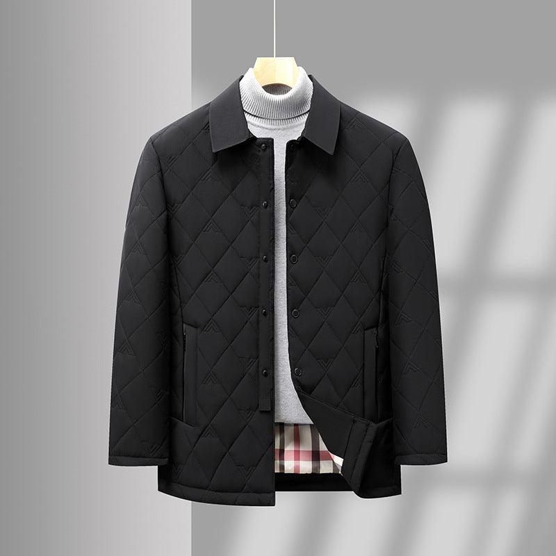 Black quilted work jacket with point collar, button front, plaid lining and pocket panels