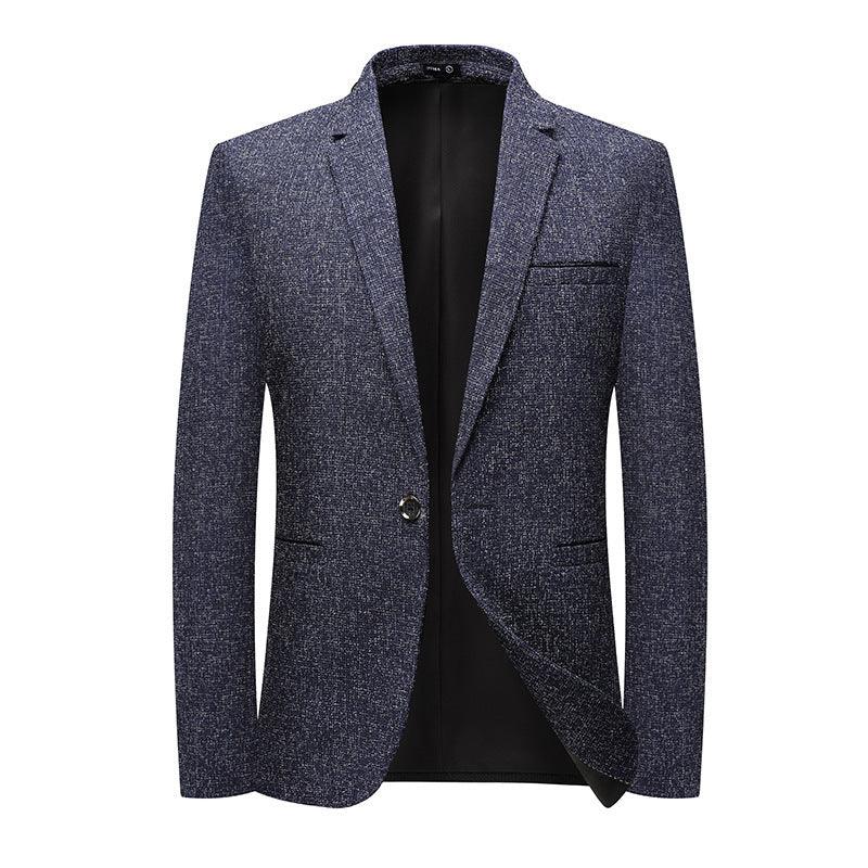 Blue speckled one-button suit coat with notch lapels and flap chest pocket