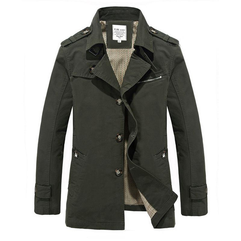 Men's dark green windbreaker jacket with lapel collar and double-breasted button front