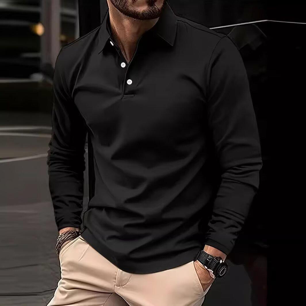 Black men’s long-sleeve polo button shirt with spread collar and button placket