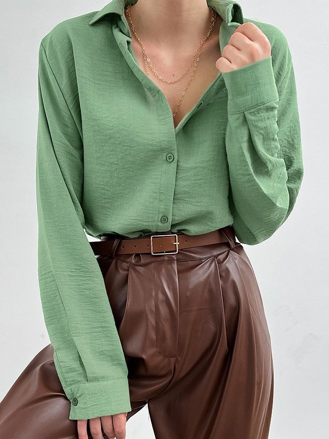 Women's Fashion Casual Polo Collar Pleated Shirt - WOMONA.COM