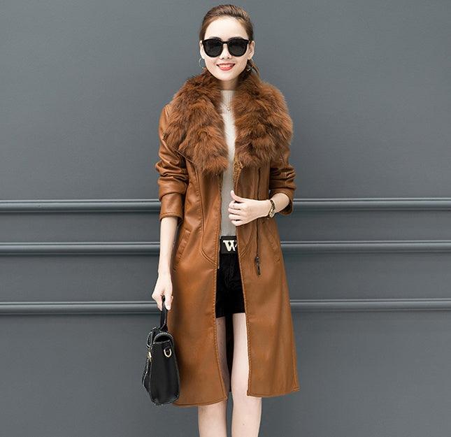 Caramel faux-leather fur-collar midi coat with adjustable drawstring waist