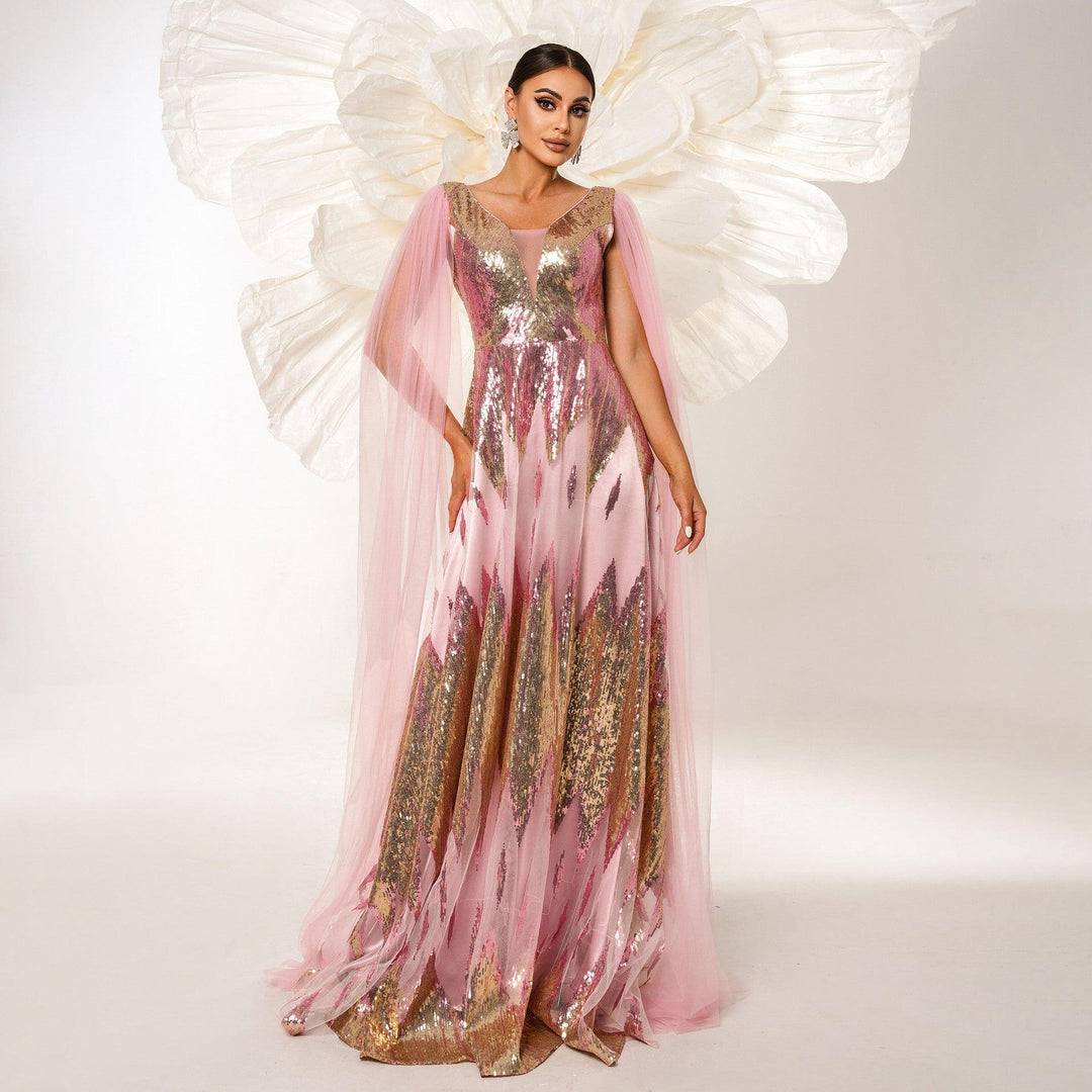 Pink sequin V-neck evening dress with sheer long sleeves and flowing tulle overlay