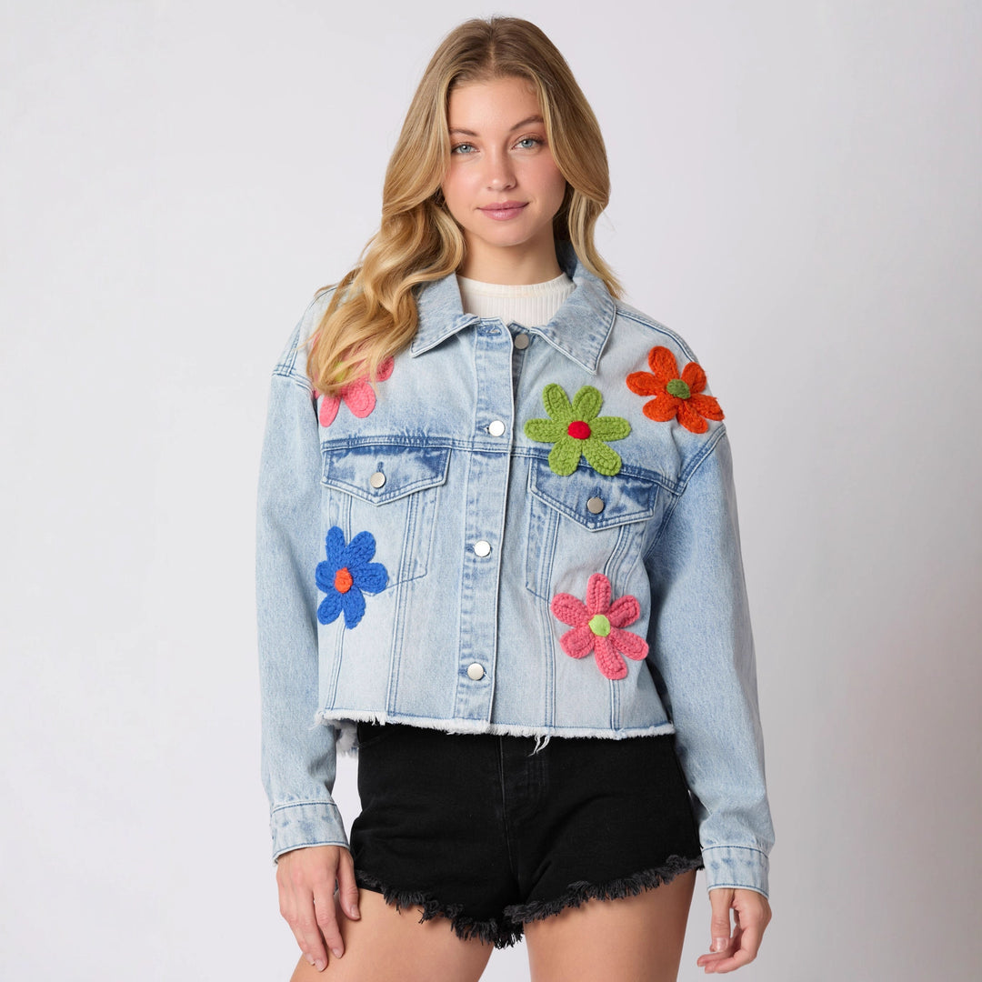 Loose Denim Jacket with 3D Floral or Rugby Patches