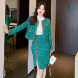 Elegant Green Tweed Coat Irregular Sheath Skirt Suit - WOMONA.COM