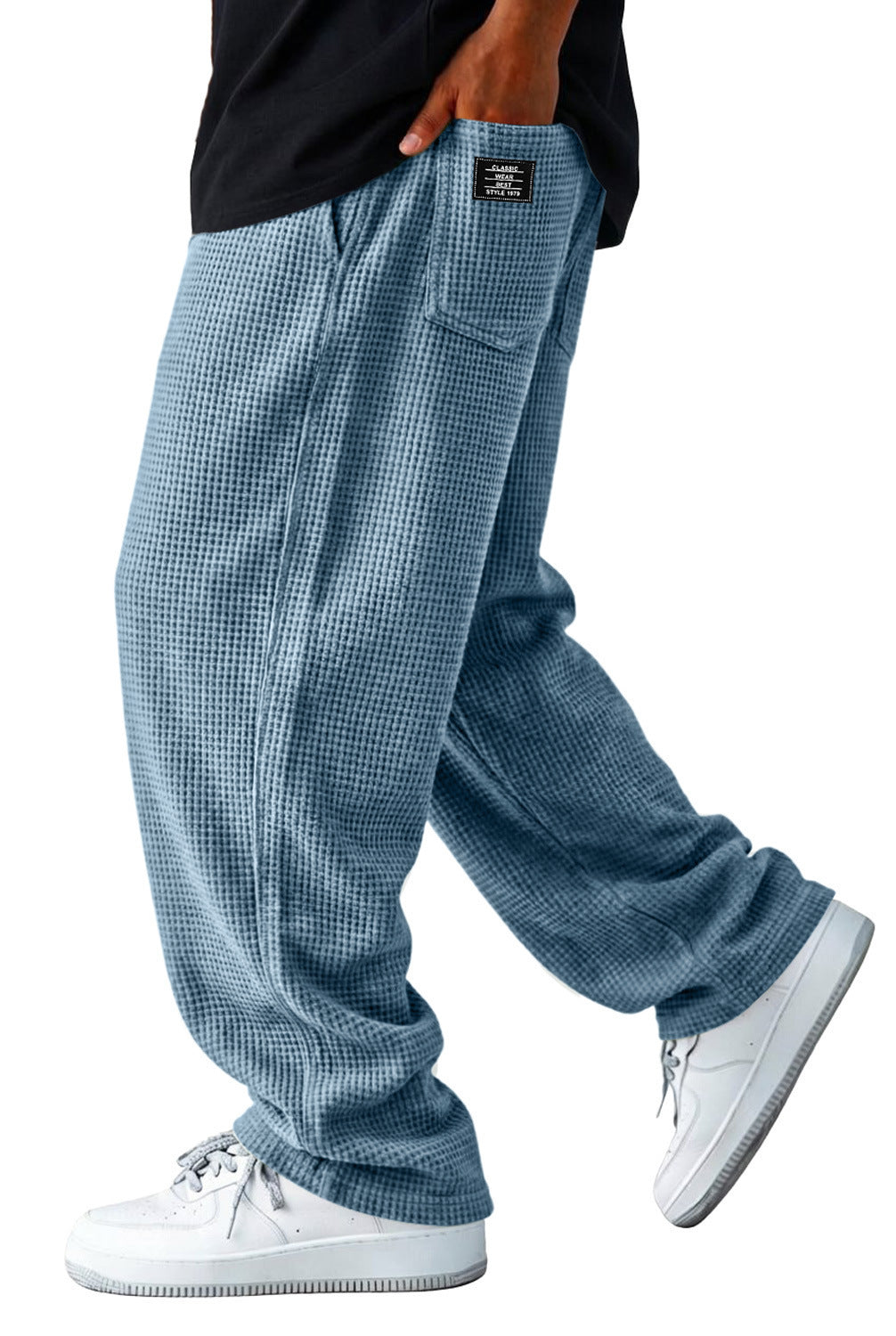 Wide-leg checkered casual pants with elastic waistband and side pocket, slate blue