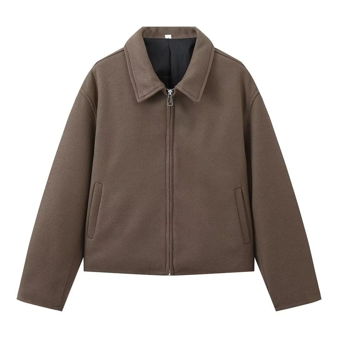 Women's Retro Brown Long-sleeve Zipper Short Coat - WOMONA.COM