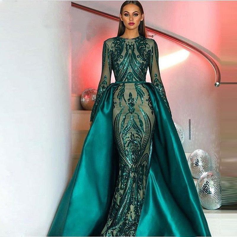 Women's Long-sleeved Trailing Evening Dress - WOMONA.COM