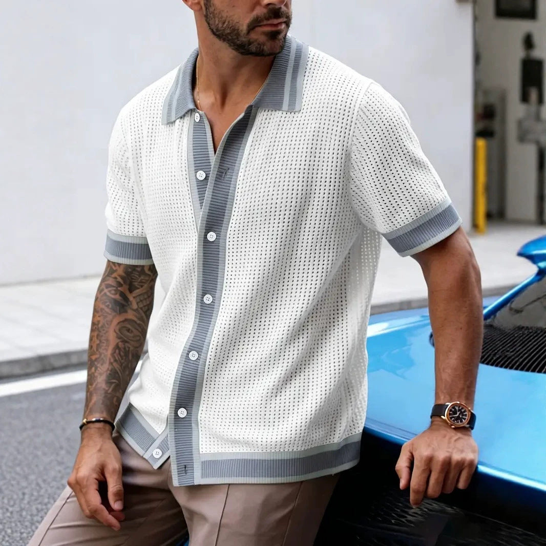 Men's knitted short-sleeve polo shirt, beige knit with lapel and button placket