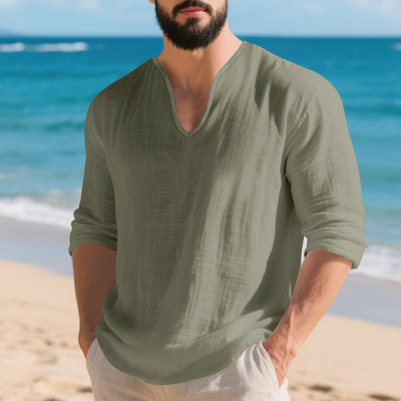 Men's linen V-neck long-sleeve shirt, rolled sleeves, army green