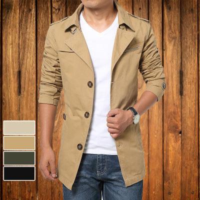 Men's khaki double-breasted windbreaker jacket with stand collar and button front