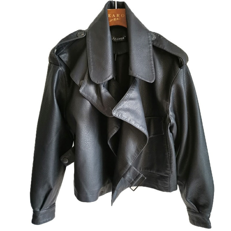 Leather Jacket Ladies Zipper Belt Short Coat - WOMONA.COM