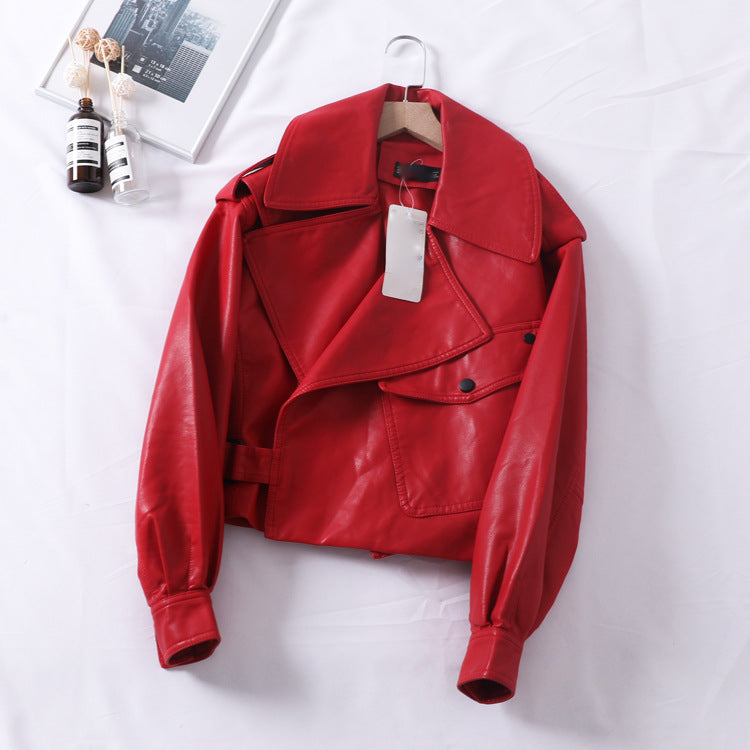 Loose cropped leather jacket motorcycle jacket - WOMONA.COM