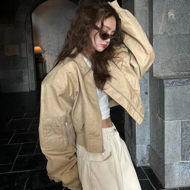 Women's Minimal Cropped Bomber Jacket, Khaki - product view 1