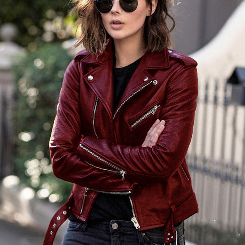 Cropped lapel faux leather zip jacket