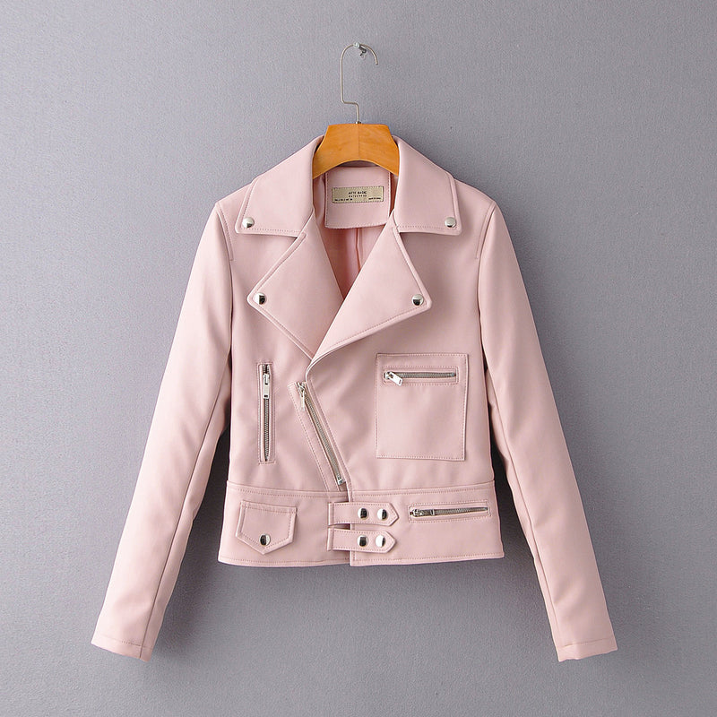 Ladies Lapel Diagonal Zipper Motorcycle Leather PU Jacket - WOMONA.COM