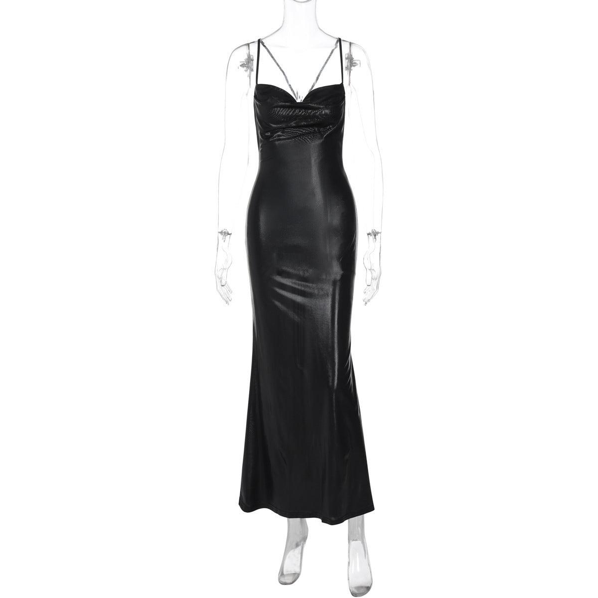 Black metallic sleeveless slip dress with spaghetti straps and fitted long column skirt