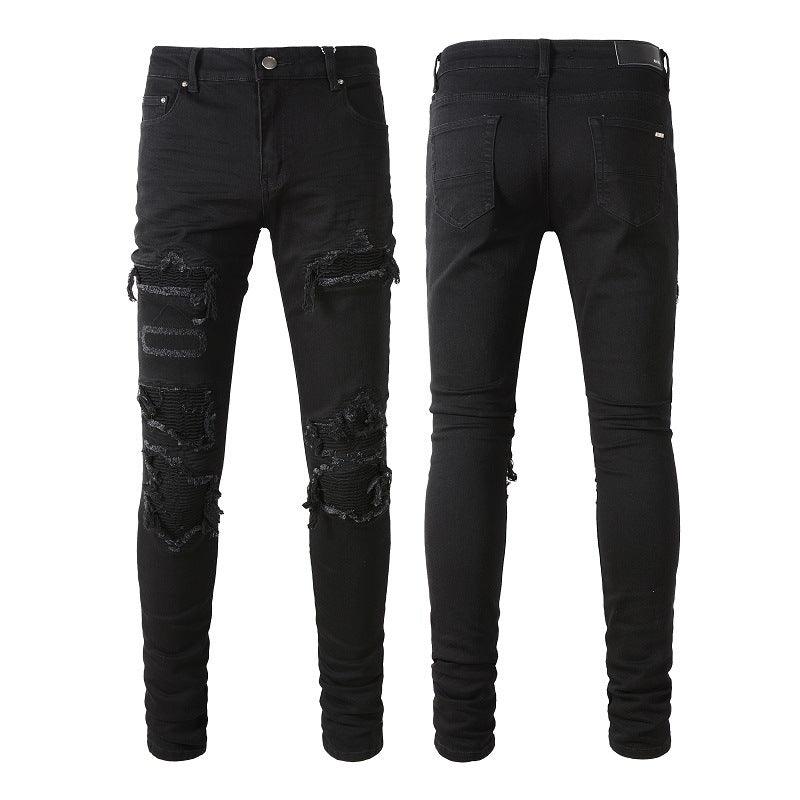 Men's Black Pleated Patch Jeans