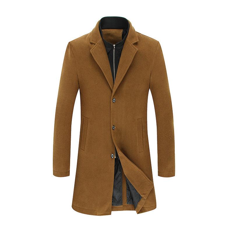 Men's wool overcoat in brown, notched lapels and button-front with folded hem panel